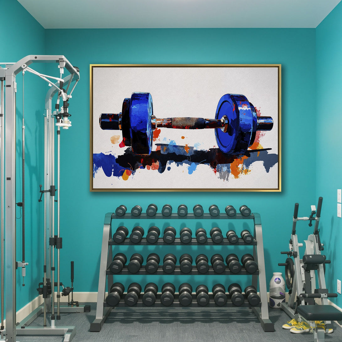 Canvas Print of a vibrant blue dumbbell in a watercolor style, perfect for gym decor. Features a colorful abstract splash.