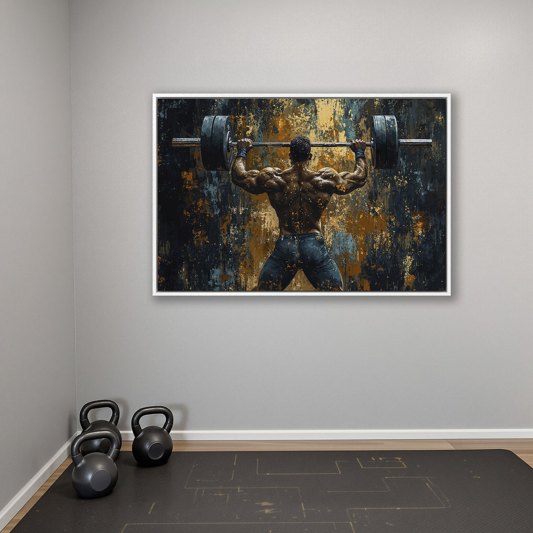 Framed Wall Art: Powerful weightlifter canvas print in a gym setting. Abstract style with dark, gold, and blue tones. Elevate your space!