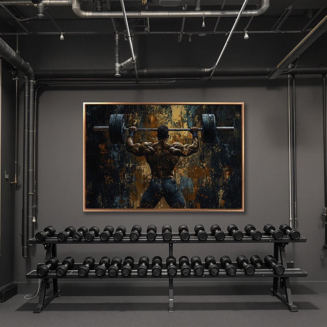 Framed Wall Art: Abstract weightlifter art in a gym. Dark, moody color palette with gold accents. Perfect for a home gym or modern space.