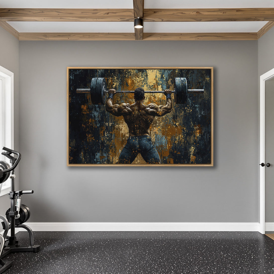 Framed Wall Art: Abstract canvas print of a weightlifter in a gym, featuring a dark, textured background with gold and blue accents. Perfect for home gyms!