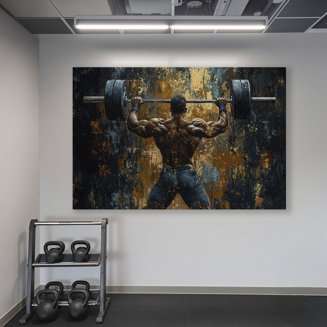 Framed Wall Art of a weightlifter in a gym. Abstract style with gold, black, and brown tones. Perfect for a home gym!