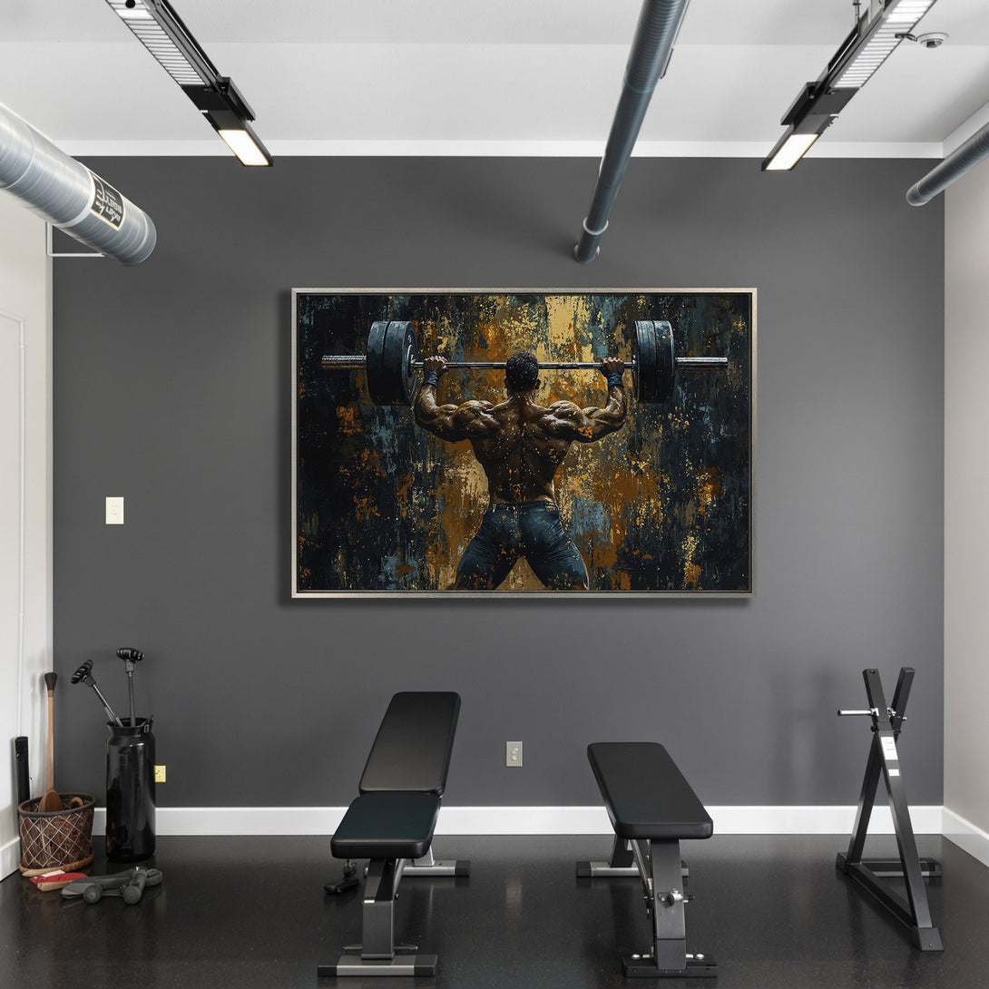 Framed Wall Art: Abstract weightlifter canvas print in a gym setting. Features a muscular figure with a dark, gold, and blue color palette. Elevate your space!