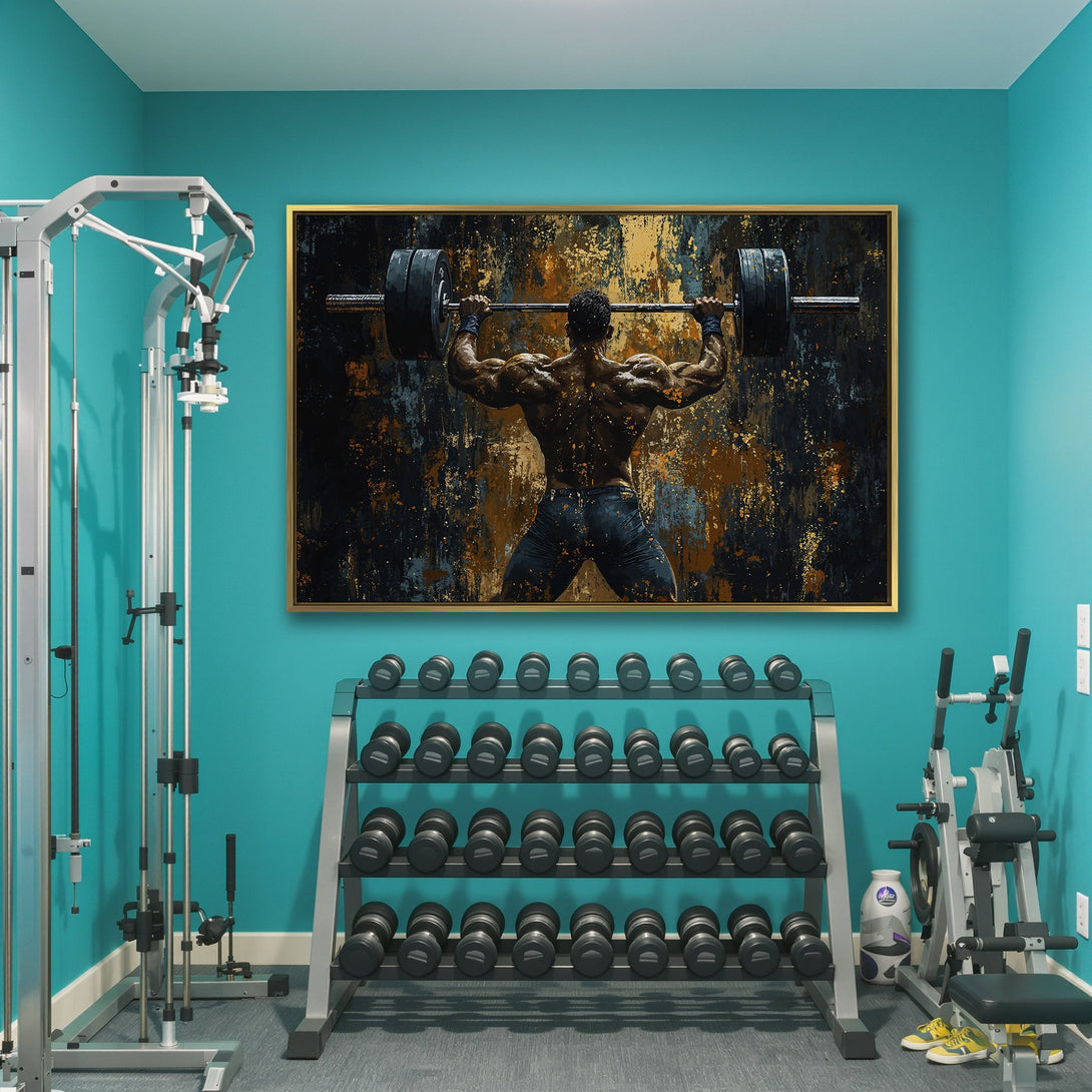 Canvas Print of a weightlifter in abstract style, featuring a bold black, gold, and blue color palette. Perfect for gym decor!