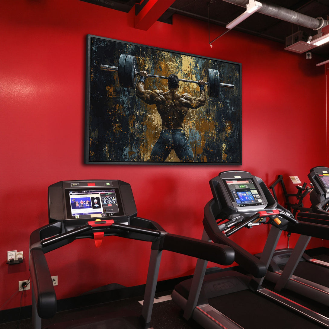 Framed Wall Art: Abstract weightlifter art in a gym, featuring a black frame, and a bold red, gold, and black color palette. Perfect for home gyms!