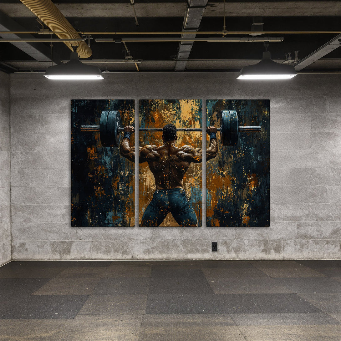 Canvas Print of a weightlifter with abstract art style, featuring a blue, gold, and black color palette. Perfect wall decor for a gym or home.