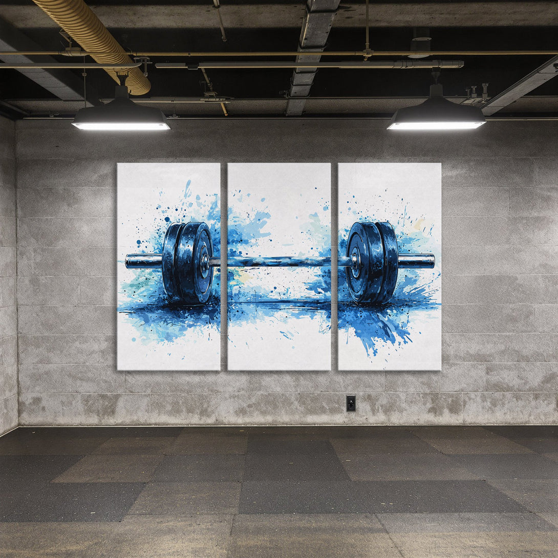 Canvas Print of a barbell in a watercolor style, blue and white color palette, perfect for gym decor.