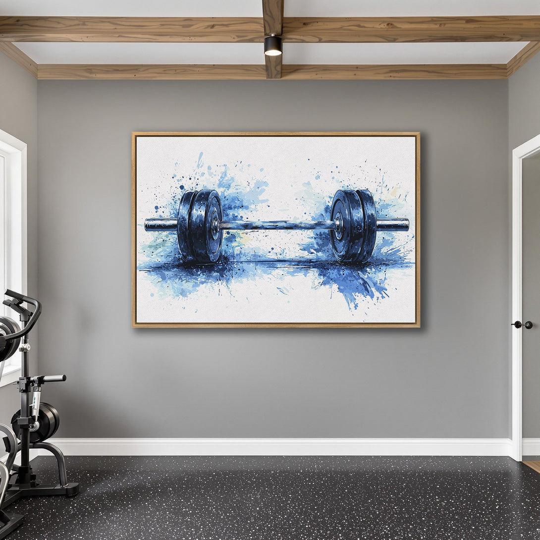 Framed Wall Art: Watercolor barbell in blue hues. Modern fitness decor for your home gym. Elevate your space with this stylish Canvas Print.