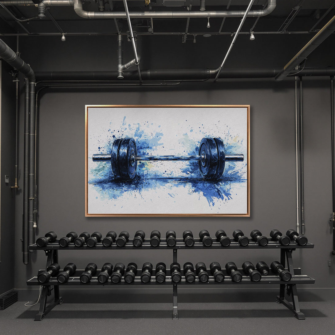 Framed Wall Art: Abstract blue barbell canvas print in a modern gym. Perfect for fitness enthusiasts! Features a cool blue and white color palette.