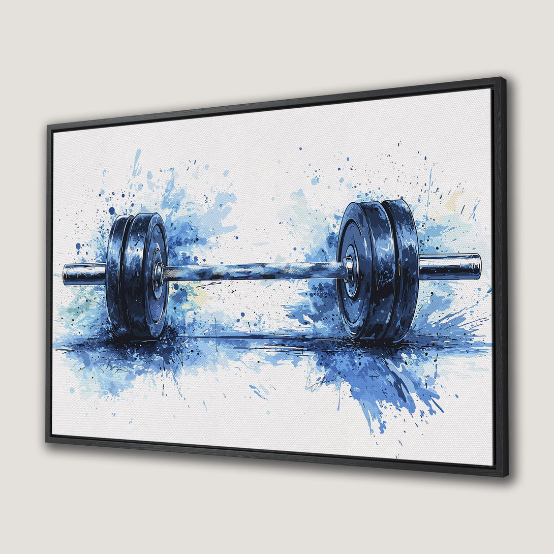 Framed Wall Art: Abstract blue watercolor barbell print. Modern gym decor in a vibrant blue and white color palette. Perfect for fitness enthusiasts.