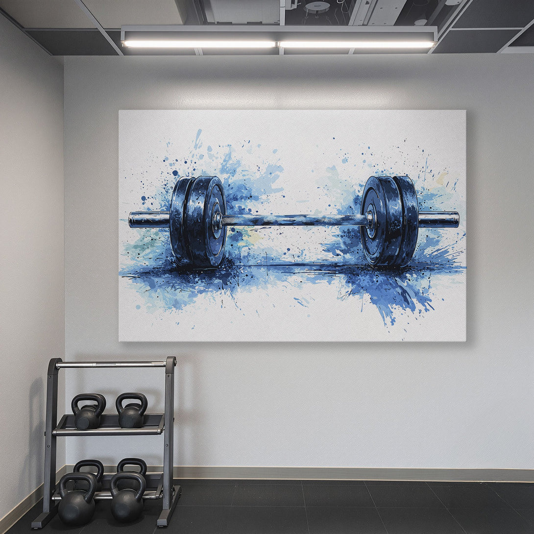 Framed Wall Art: Abstract barbell art in a gym, featuring a blue watercolor style. Perfect for a fitness-themed room.