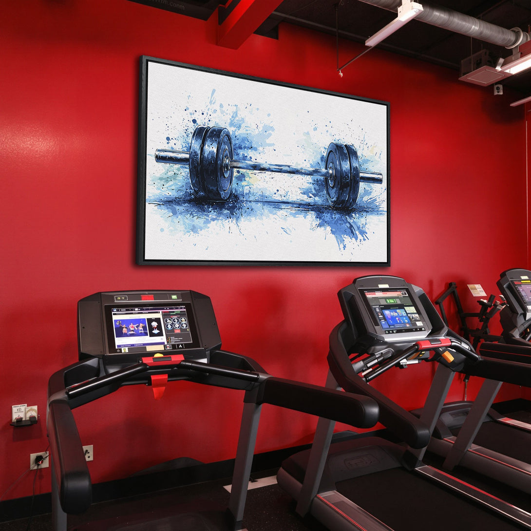 Framed Wall Art: Watercolor barbell art in blue hues. Modern gym decor. Elevate your space with this stunning canvas print!
