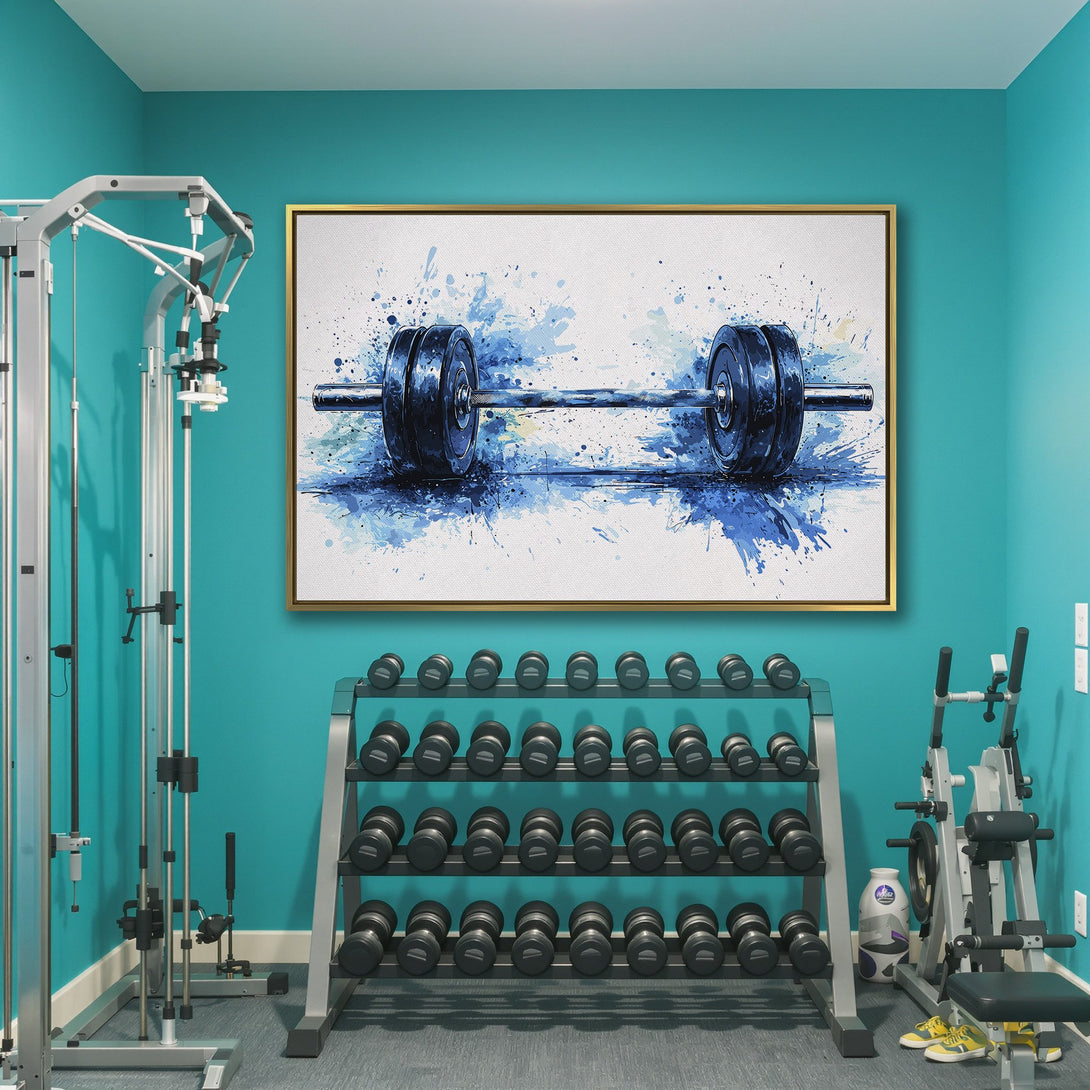 Canvas Print of a blue watercolor barbell, perfect for a gym or fitness space. Modern art with a cool blue palette.