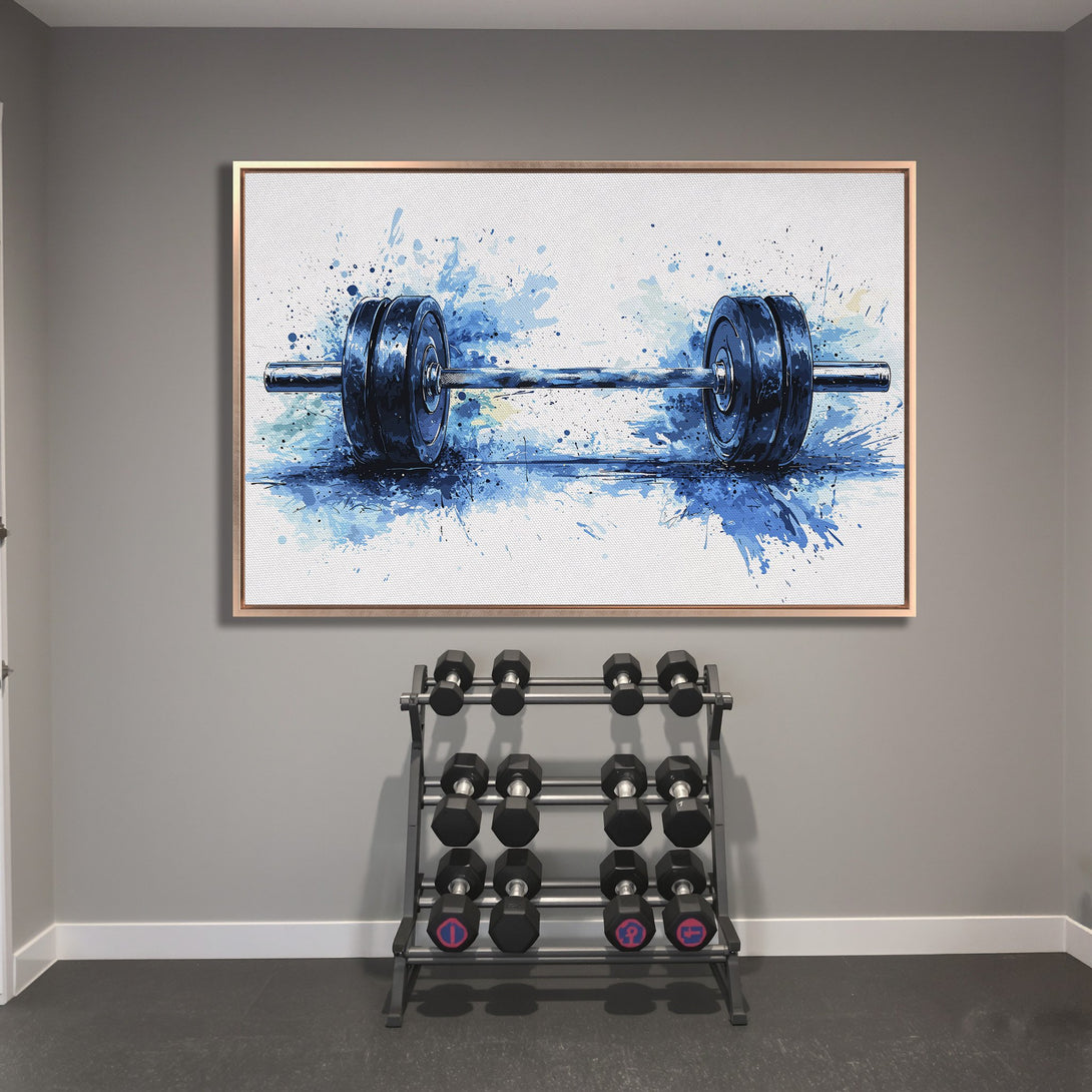 Framed Wall Art: Watercolor barbell art in blue hues. Perfect gym decor! Add style to your space with this stunning Canvas Print.