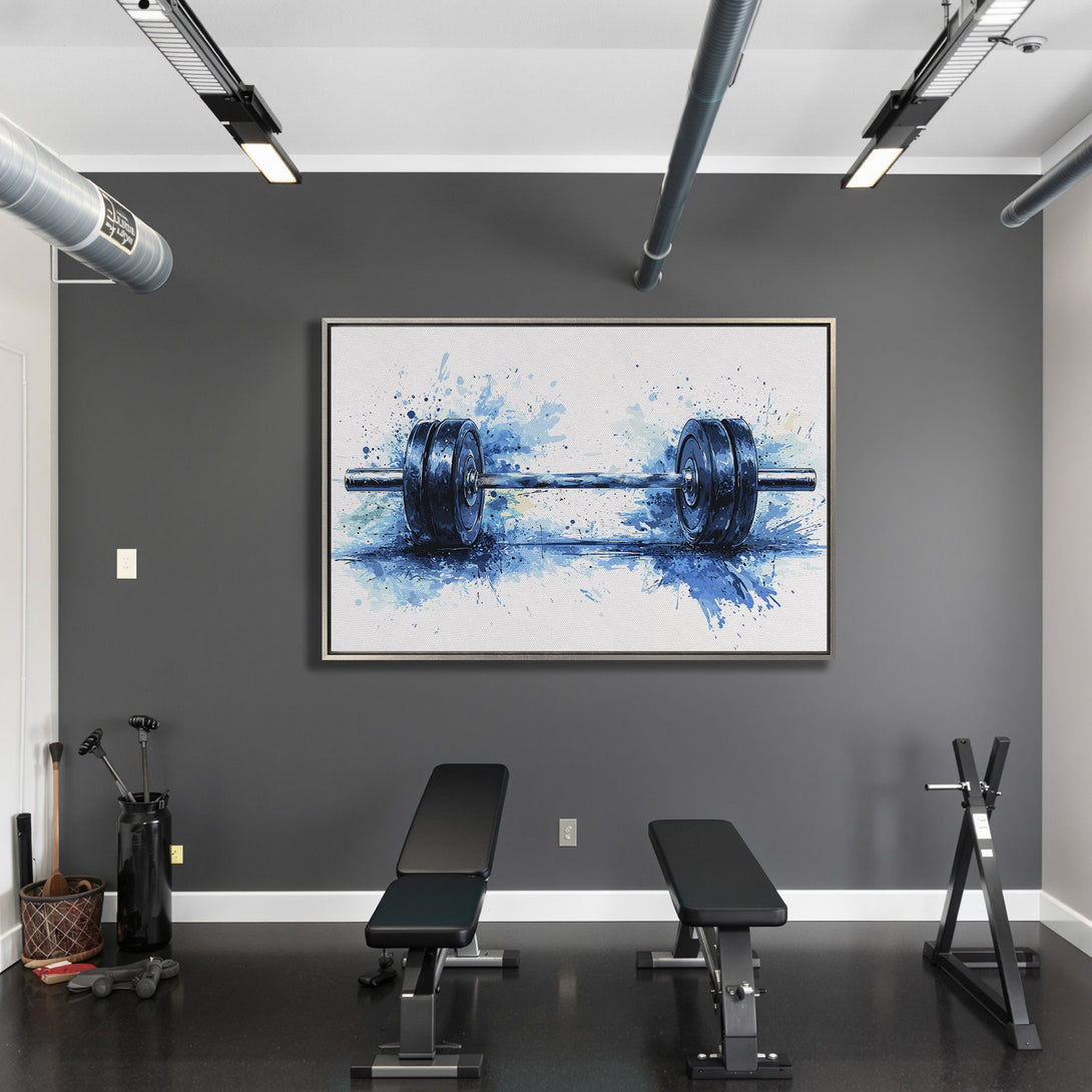 Framed Wall Art: Abstract barbell art in a modern gym. Blue watercolor splashes on canvas. Elevate your workout space!