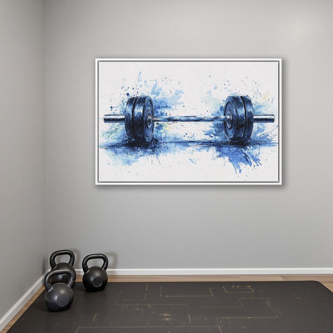 Framed Wall Art: Abstract watercolor barbell print in blue hues. Modern gym decor, perfect for fitness enthusiasts. Add motivation to your space!