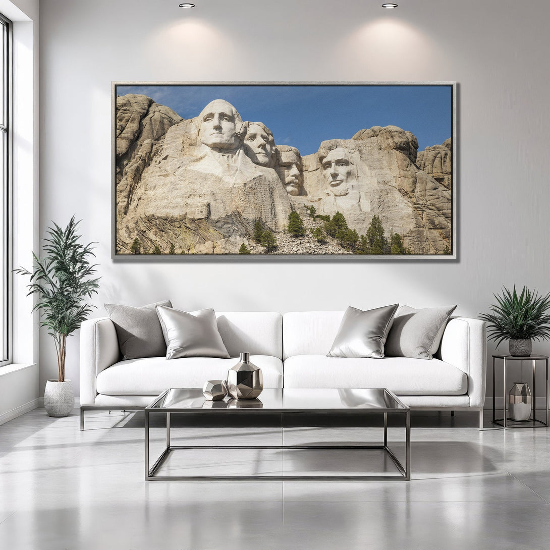 Framed Wall Art of Mount Rushmore in a modern interior. Neutral color palette with a touch of blue. Elevate your space with this iconic image.