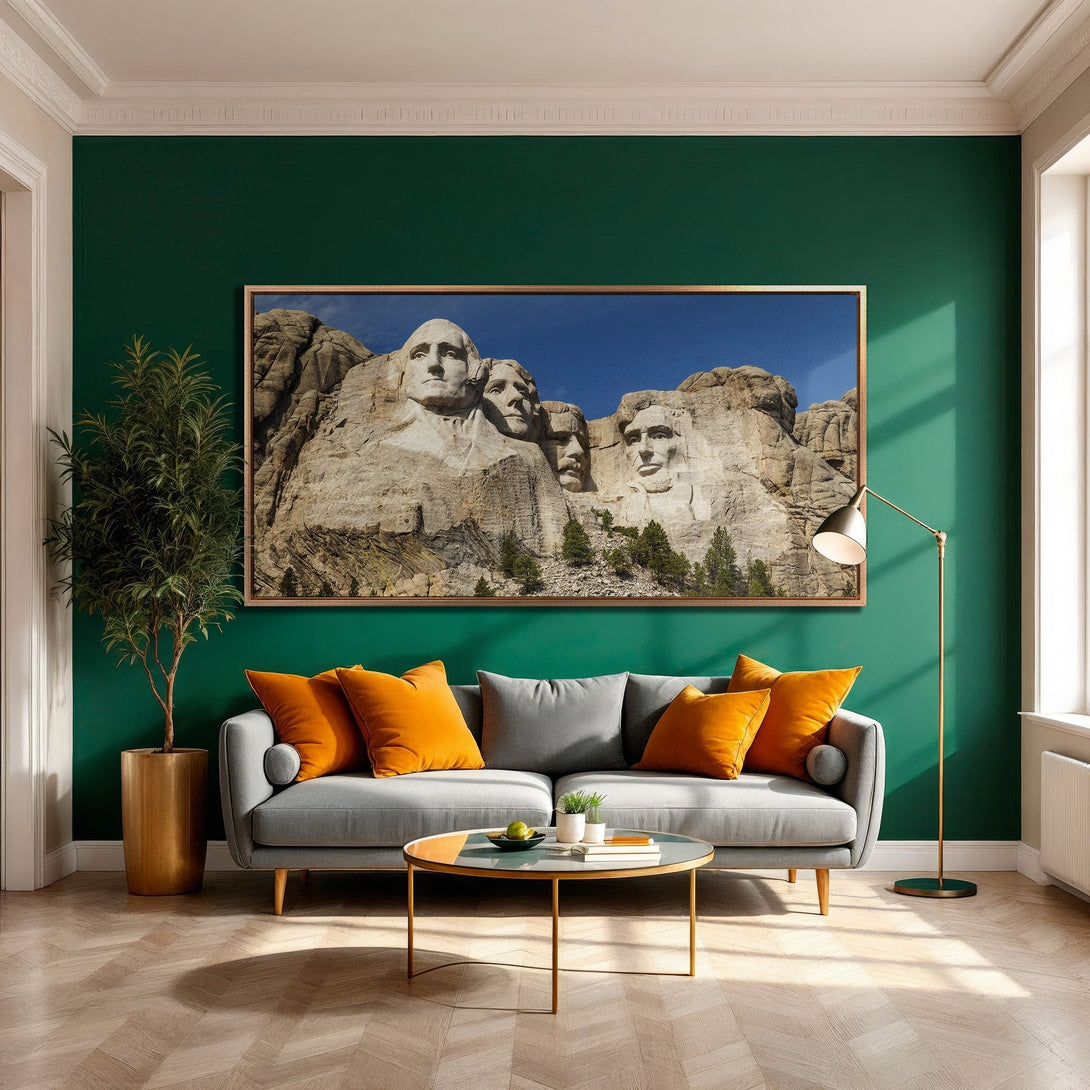Framed Wall Art of Mount Rushmore in a modern living room with a green and orange color palette. Enhance your home decor!