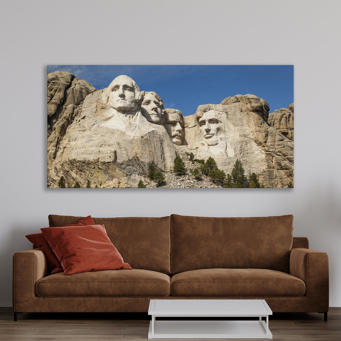 Framed Wall Art featuring Mount Rushmore in a warm, neutral color palette. Perfect for adding a touch of history and style to your living room!