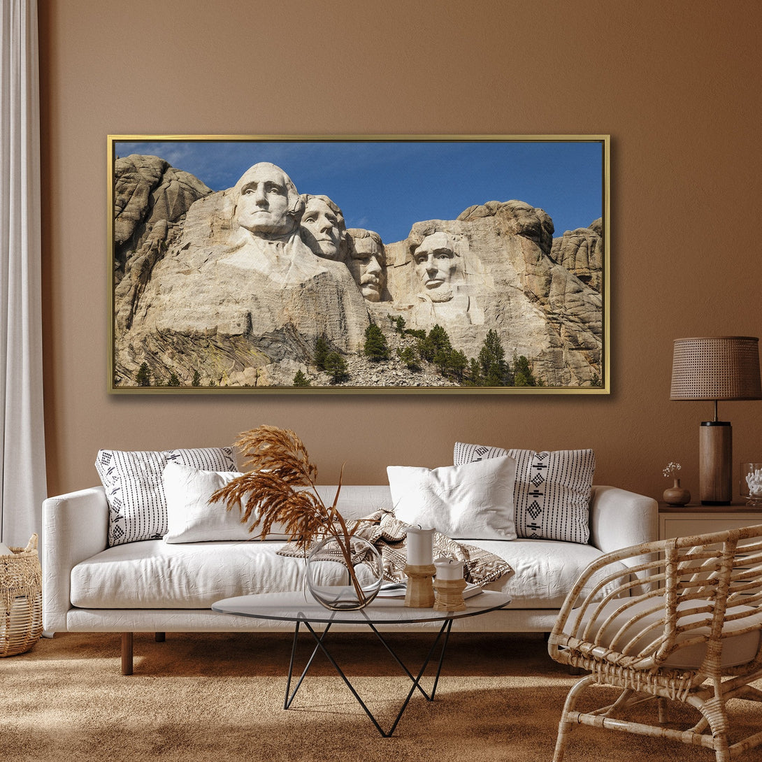 Canvas Print of Mount Rushmore, showcasing iconic American presidents. Earth-toned palette with blue sky. Perfect wall art for any space.