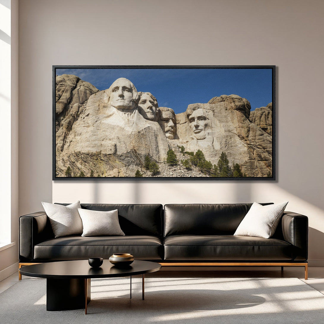 Framed Wall Art of Mount Rushmore in a modern interior. Neutral color palette with black frame. Add a touch of history to your home!