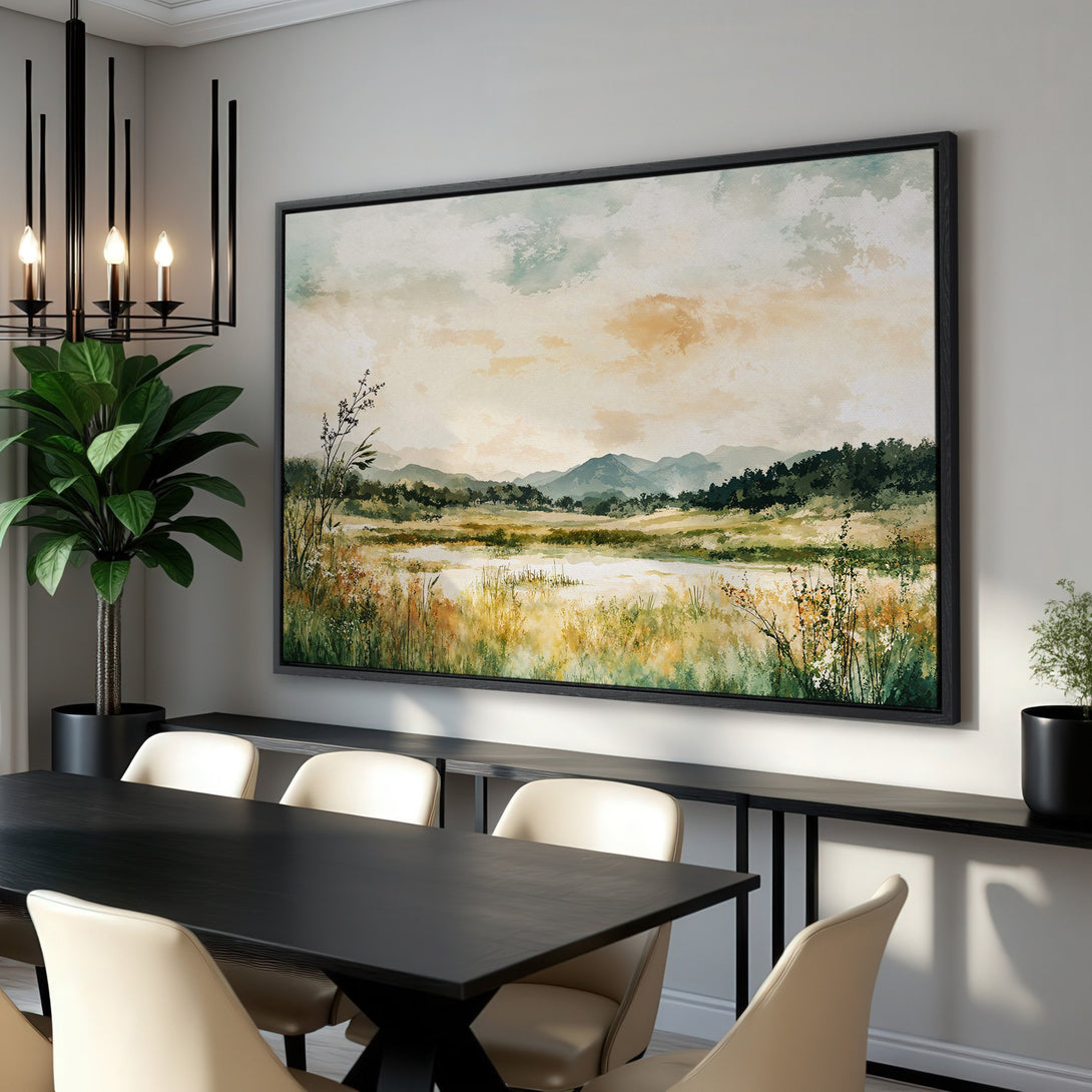 Framed Wall Art: Landscape Canvas Print in neutral tones. Watercolor style painting with green, yellow, and blue hues. Perfect for modern home decor.