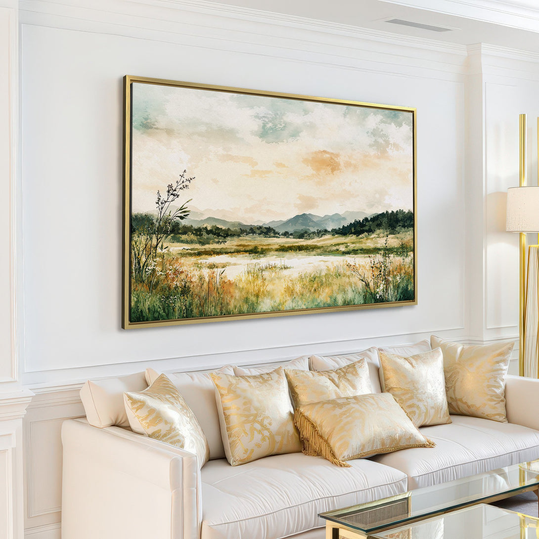 Canvas Print of a serene landscape painting in muted green and gold tones, perfect for adding a touch of nature to any room.