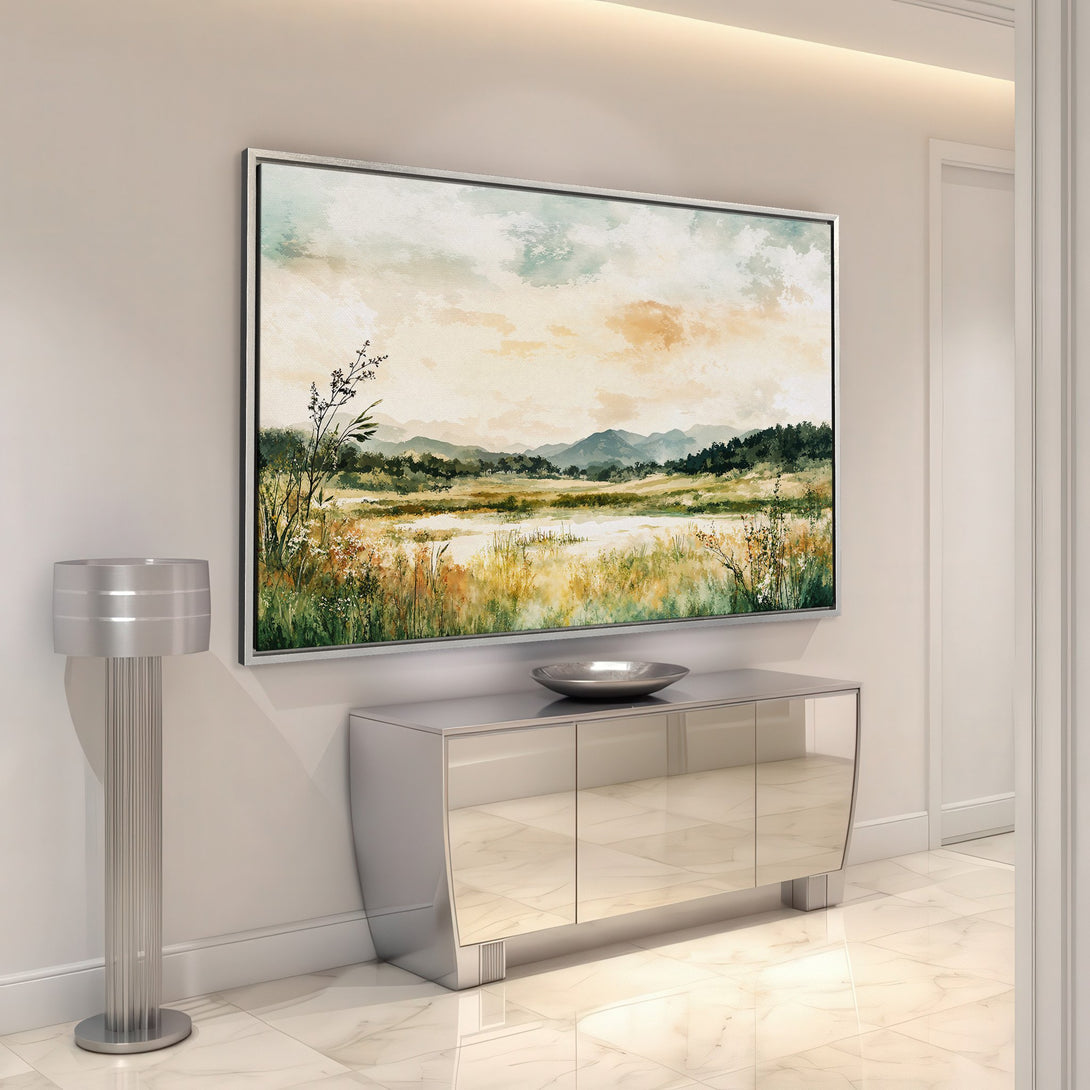 Framed Wall Art: Landscape Canvas Print with neutral color palette, perfect for modern home decor. Bring the outdoors in!