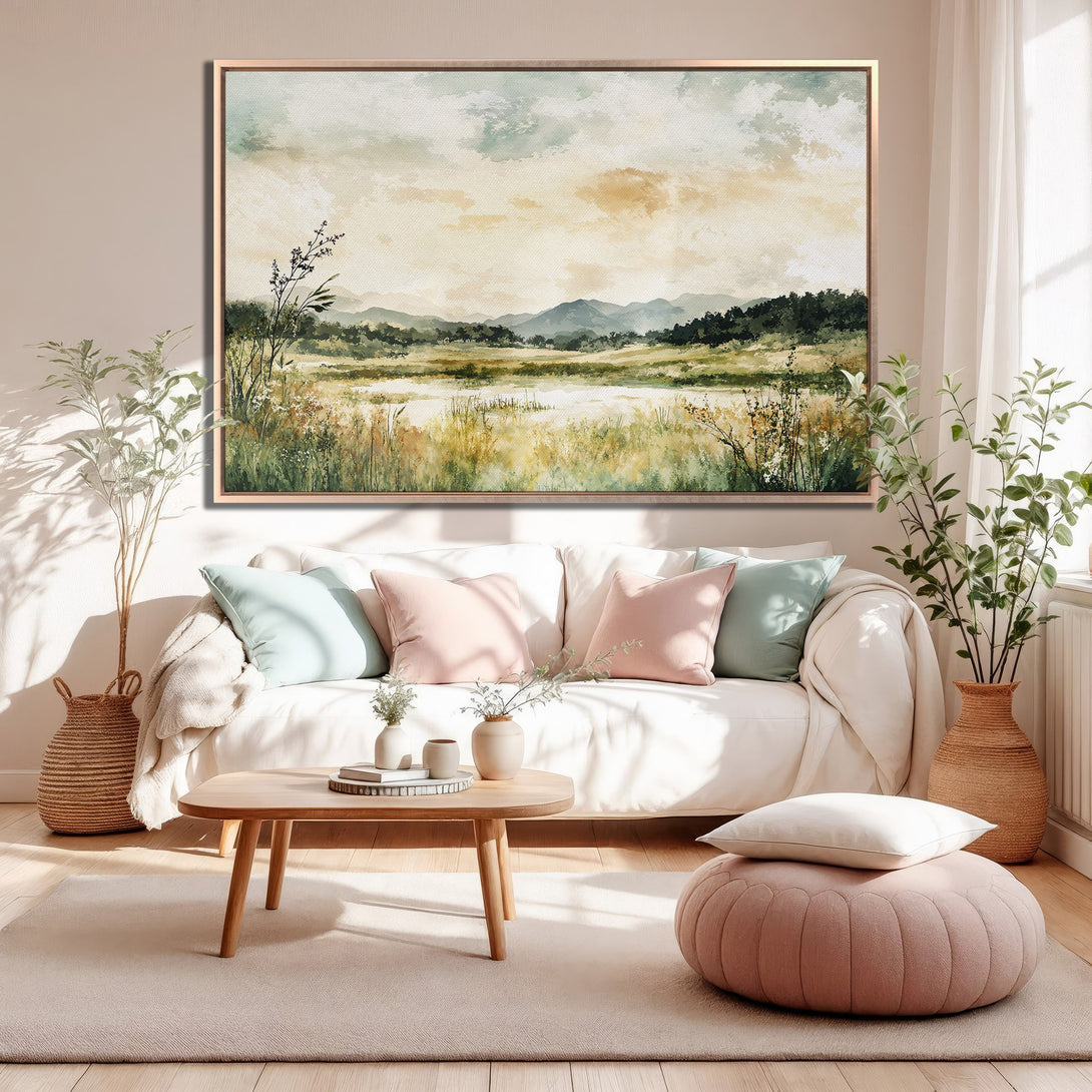 Framed Wall Art: Serene landscape Canvas Print in muted earth tones, perfect for adding a touch of nature and tranquility to your living room decor.