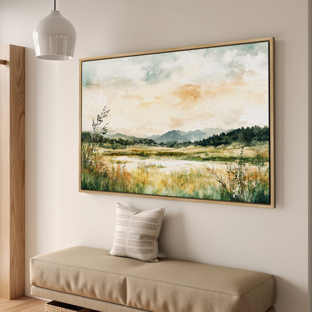 Framed Wall Art: Watercolor landscape canvas print in muted green, yellow, and blue tones. Perfect for adding a touch of nature to your home decor.