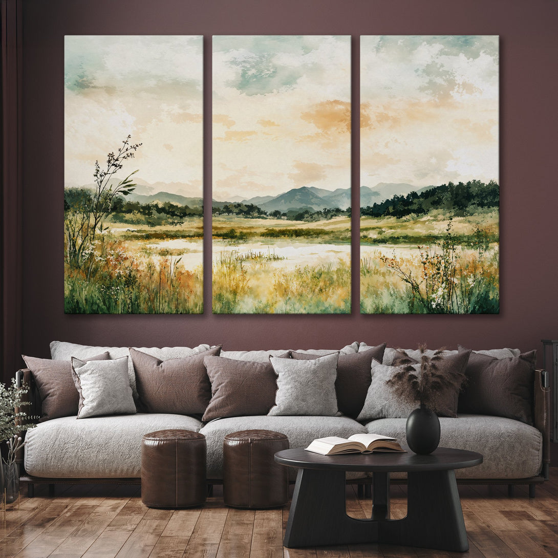 Canvas Print: Serene landscape art in watercolor style, featuring mountains and fields in a warm, earthy color palette. Perfect for living room decor.