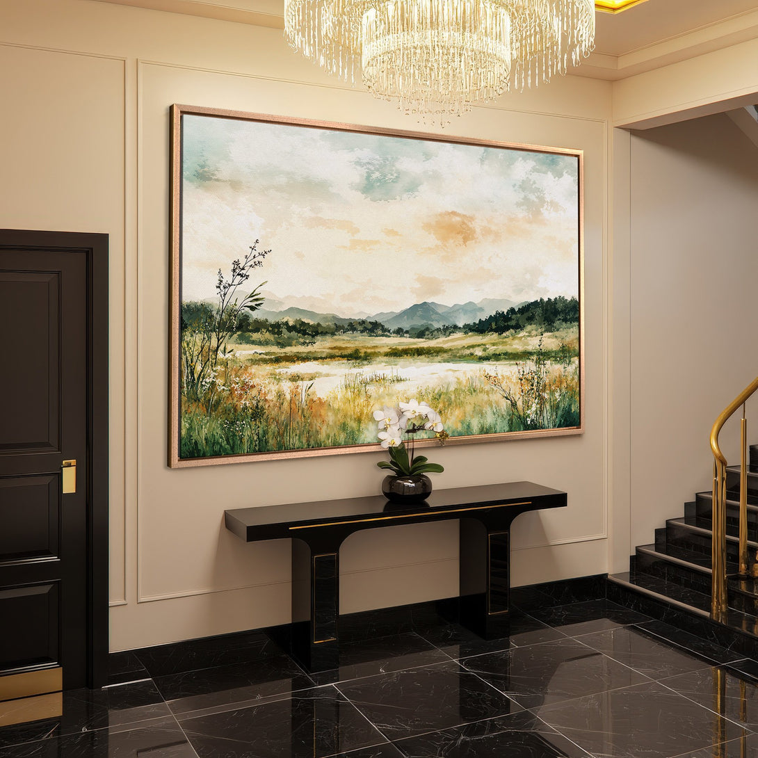 Framed Wall Art: Landscape canvas print in neutral tones, perfect for modern interiors. Earthy color palette adds a touch of nature to your home decor.
