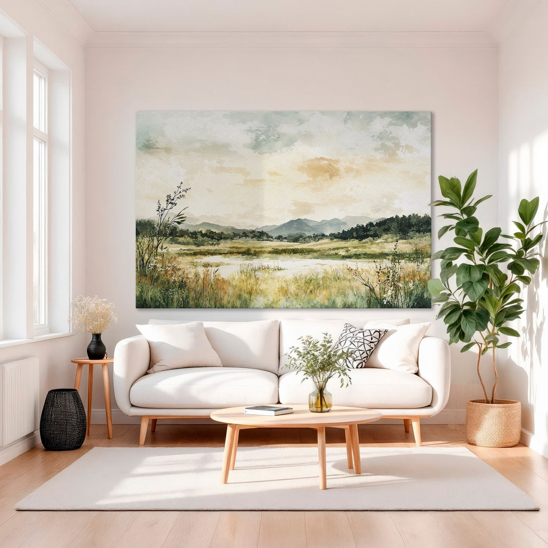 Framed Wall Art: Landscape Canvas Print in muted greens, golds, and blues. Adds elegance to any interior. Shop now for your perfect wall decor!