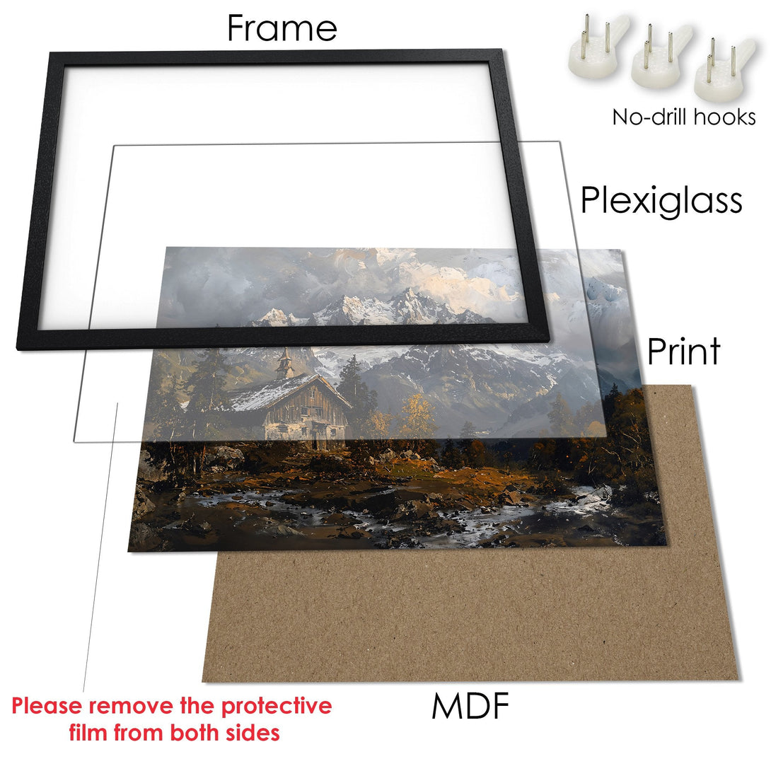Framed Poster: Mountain landscape art print in a black frame. Earthy tones and dramatic style. Ready to hang!