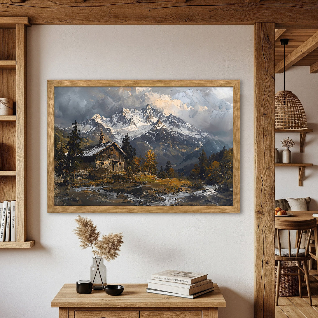 Framed Poster featuring a mountain landscape painting in a rustic style with a warm, earthy color palette. Perfect wall art!