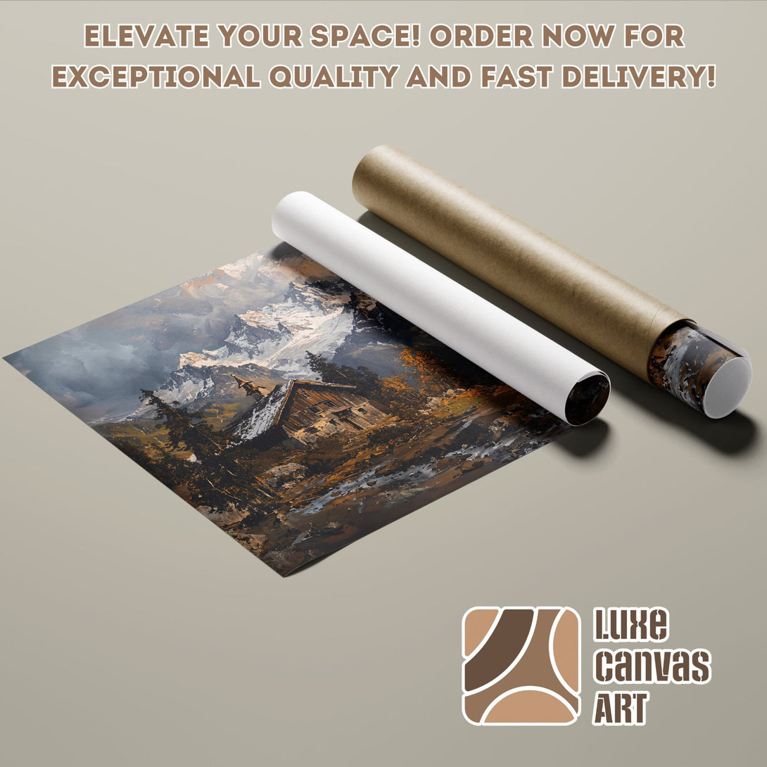 Poster Roll of a mountain landscape painting, with a warm, earthy color palette.