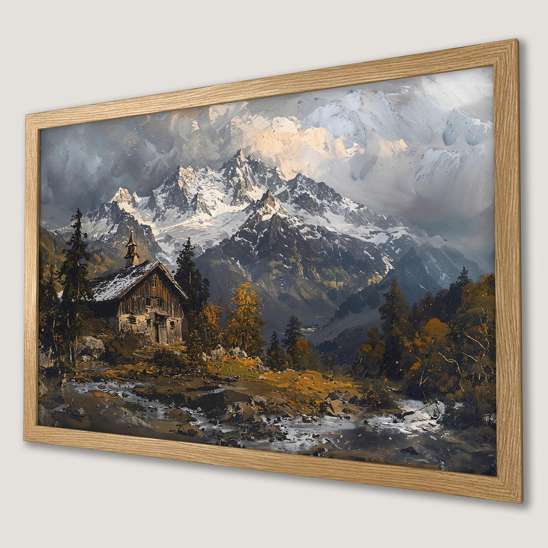 Framed Poster of a mountain landscape painting in a vintage style with a warm color palette. Perfect wall art!