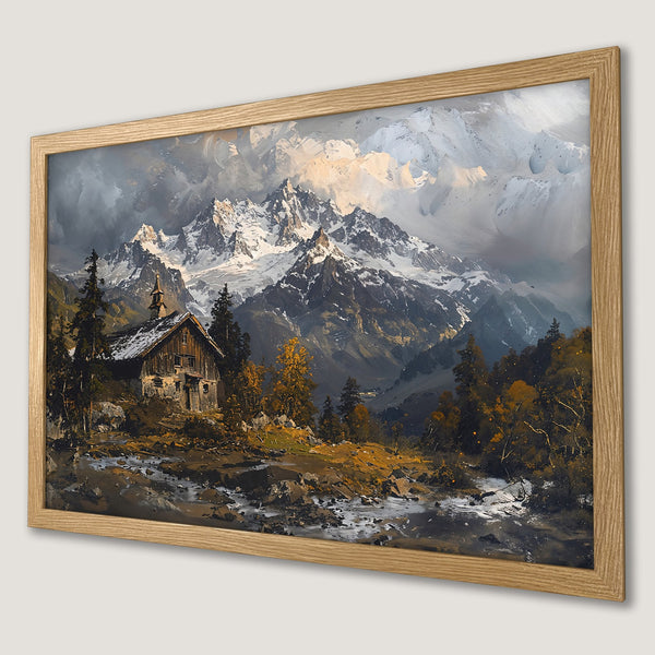 Framed Poster of a mountain landscape painting in a vintage style with a warm color palette. Perfect wall art!