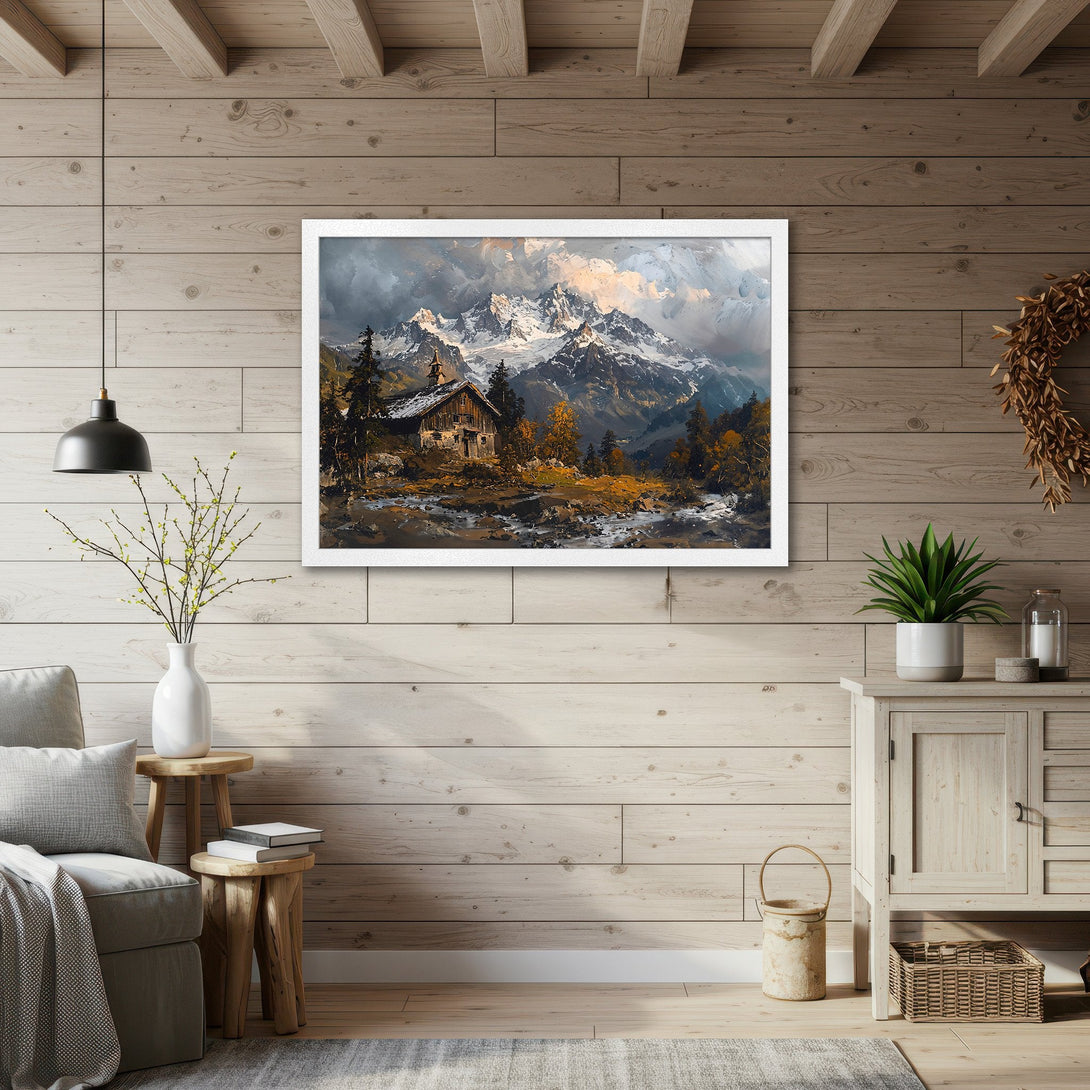 Framed Poster of a mountain landscape in a painterly style with a warm, earthy color palette. Perfect wall art for your home.