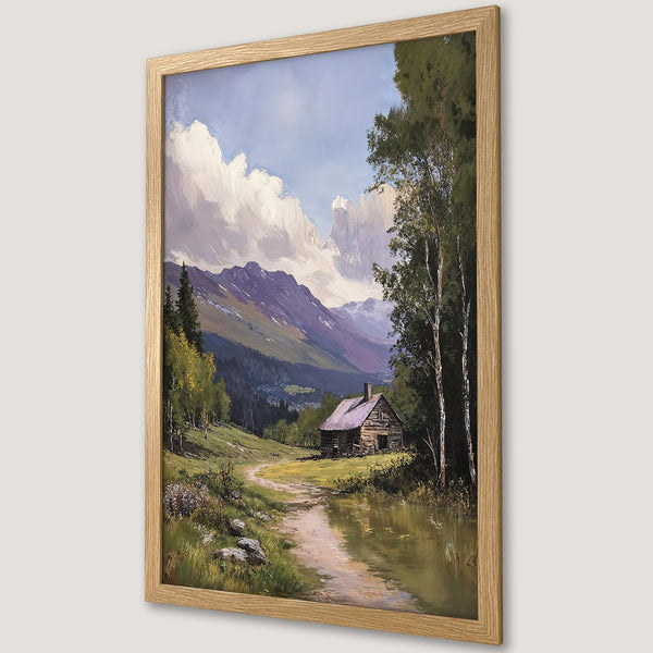 Framed Poster of a serene mountain landscape painting, featuring a cabin and river, in a natural color palette. Perfect wall art!
