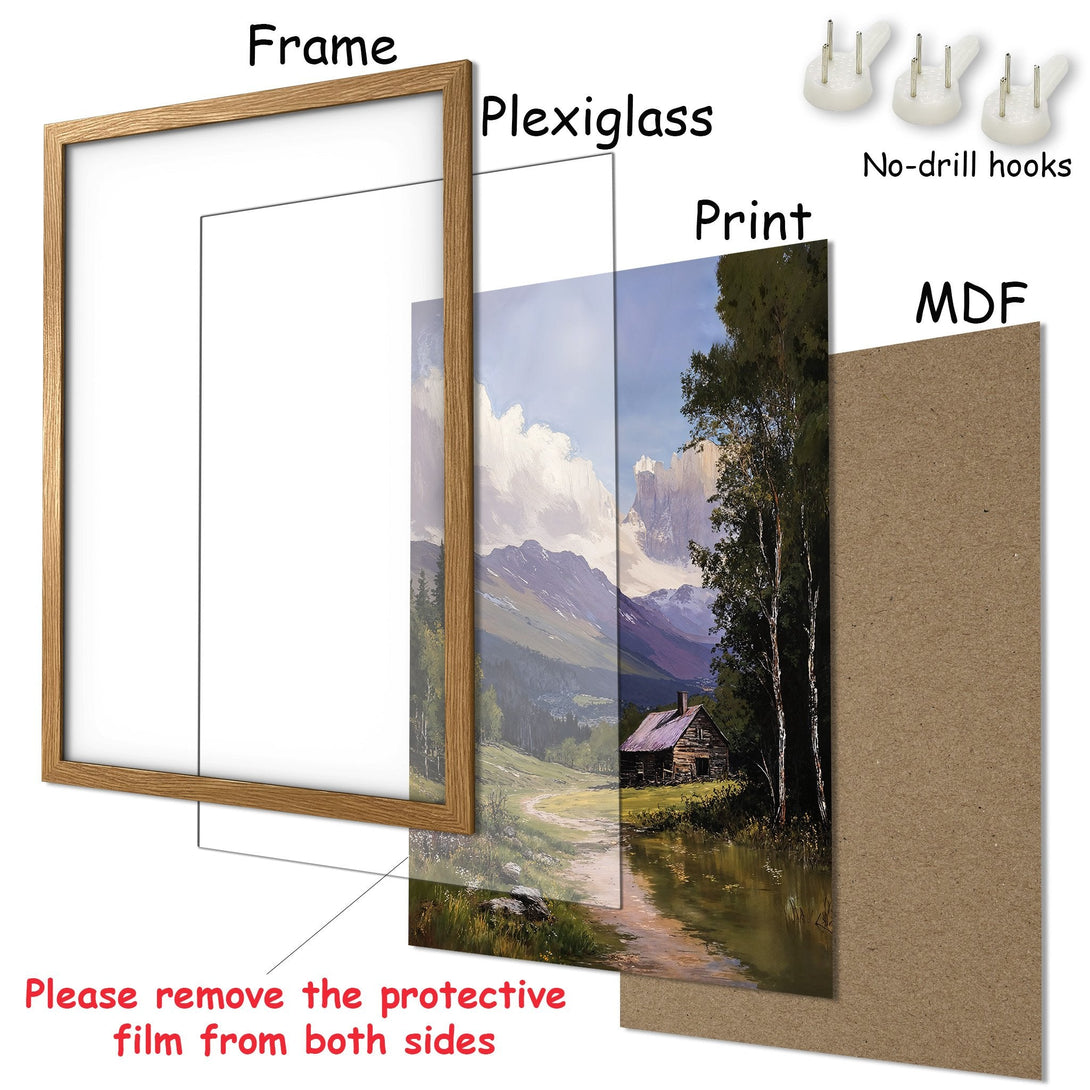 Framed Poster of a landscape painting. Features a cabin, mountains, and trees. Earthy tones with blues and greens. Ready to hang.
