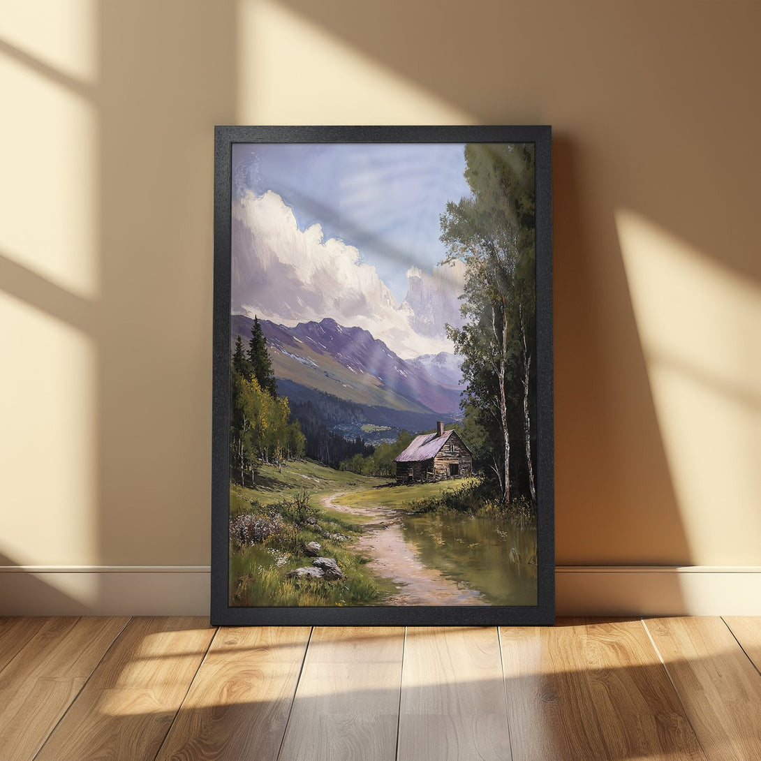 Framed Poster of a serene mountain landscape with a cabin. Oil painting style, featuring blues, greens, and earth tones. Perfect wall art!