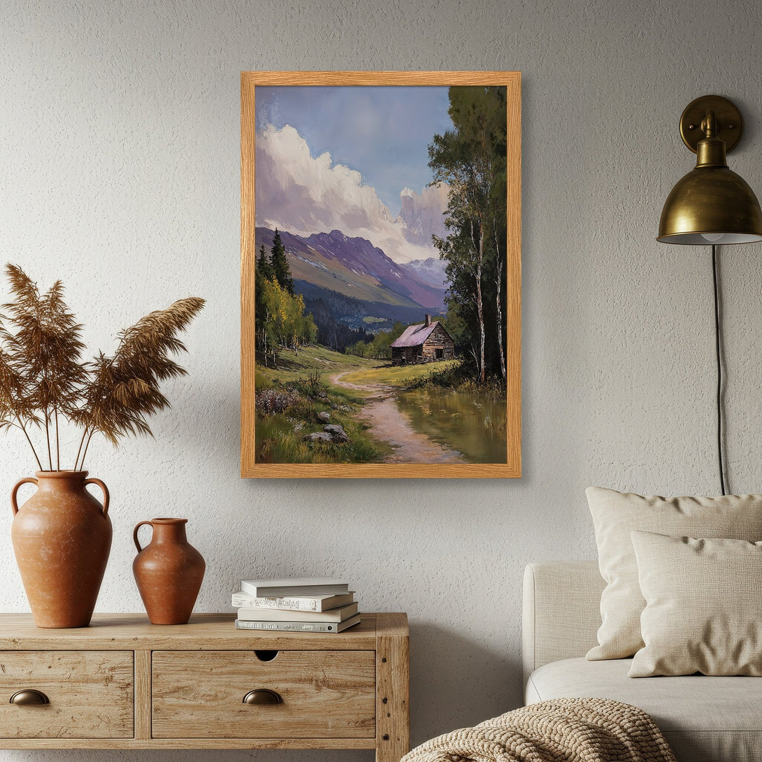 Framed Poster featuring a serene mountain landscape painting in warm earth tones. Perfect wall art for a cozy home.