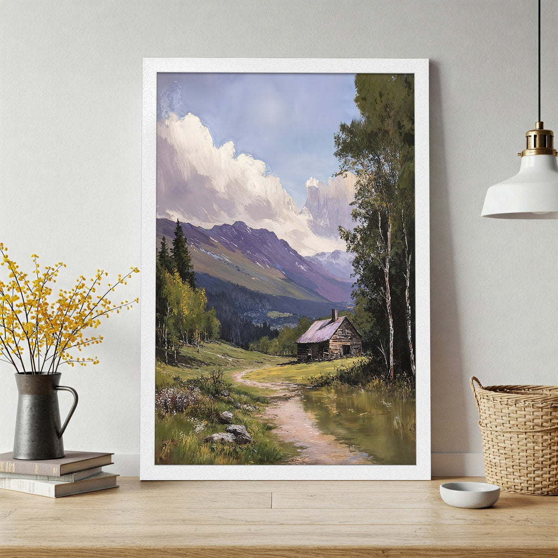 Framed Poster of a serene mountain landscape in a classic painting style with a calming blue, green, and brown color palette. Perfect wall art!