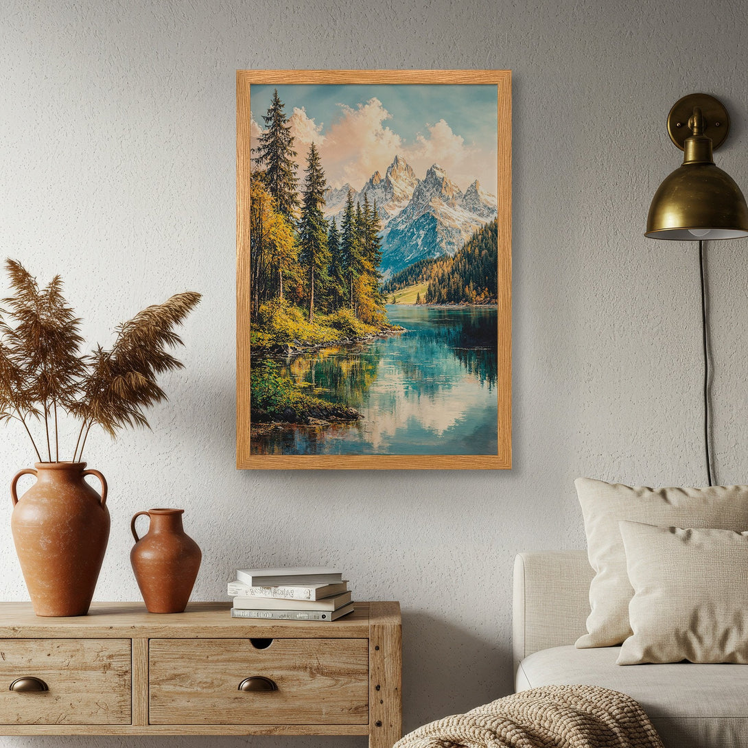 Framed Poster featuring a serene mountain lake landscape in a warm, natural color palette. Perfect wall art for a cozy home!