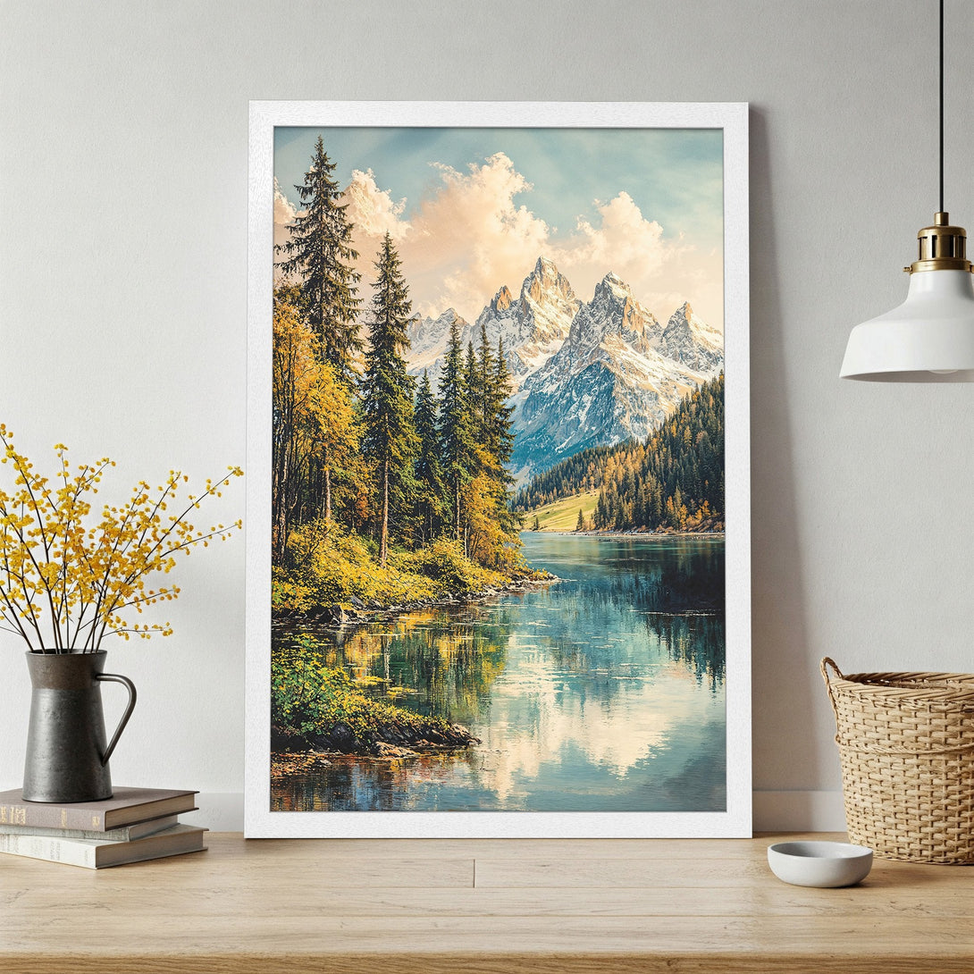 Framed Poster of a serene mountain lake scene. Featuring a landscape painting in a nature-inspired style with a blue, green, and yellow color palette.