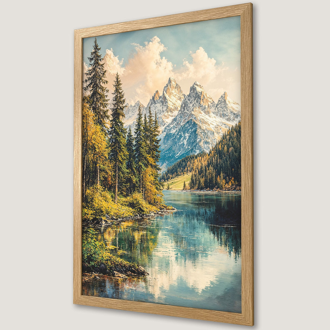 Framed Poster of a stunning mountain lake landscape. Beautiful art print with vibrant blues, greens, and yellows. Perfect wall decor!
