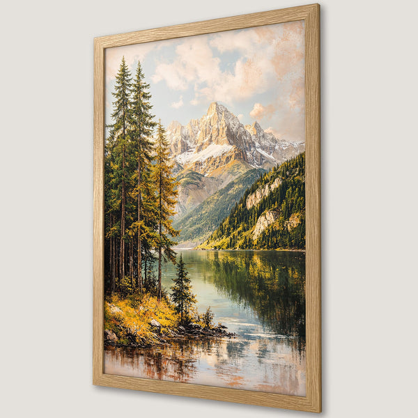 Framed Poster of a serene mountain lake landscape in a warm, natural color palette. Perfect for adding a touch of nature to your home!