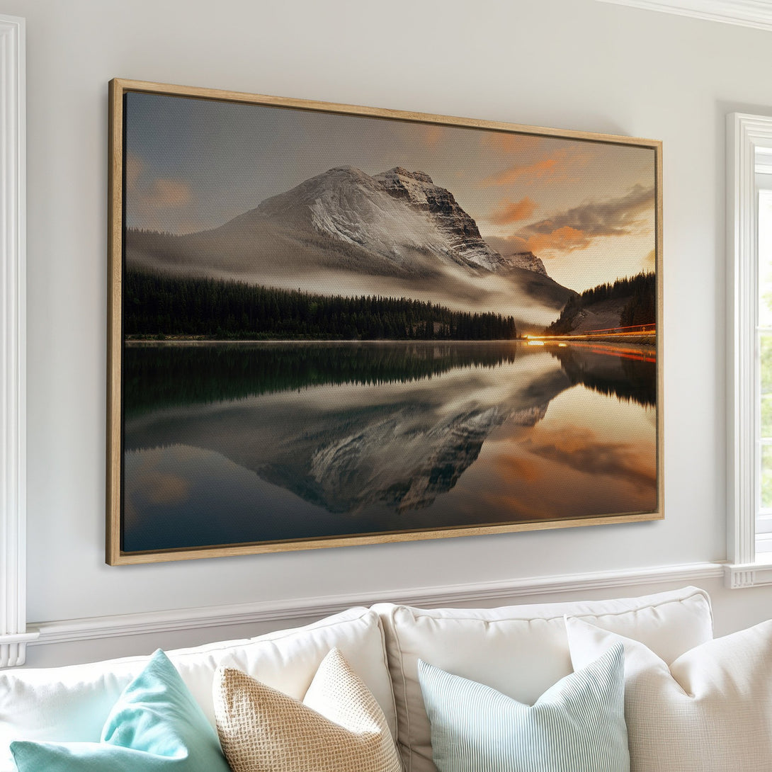 Framed Wall Art: Majestic mountain landscape Canvas Print with cool blues, greens, and warm sunset hues. Bring nature's beauty into your home!