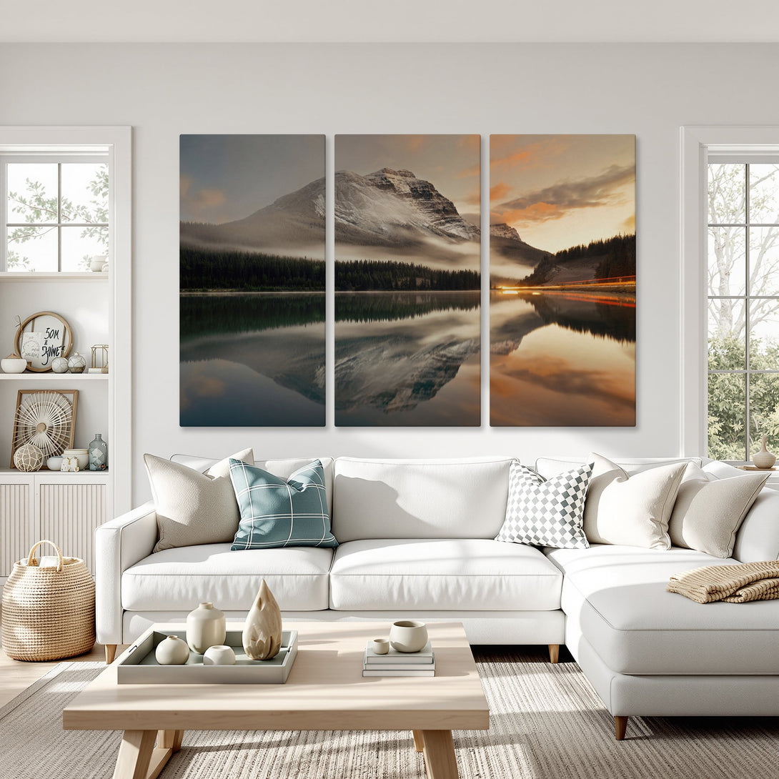 Canvas Print of a serene mountain lake scene in neutral tones. Bring the outdoors in with this calming wall art!