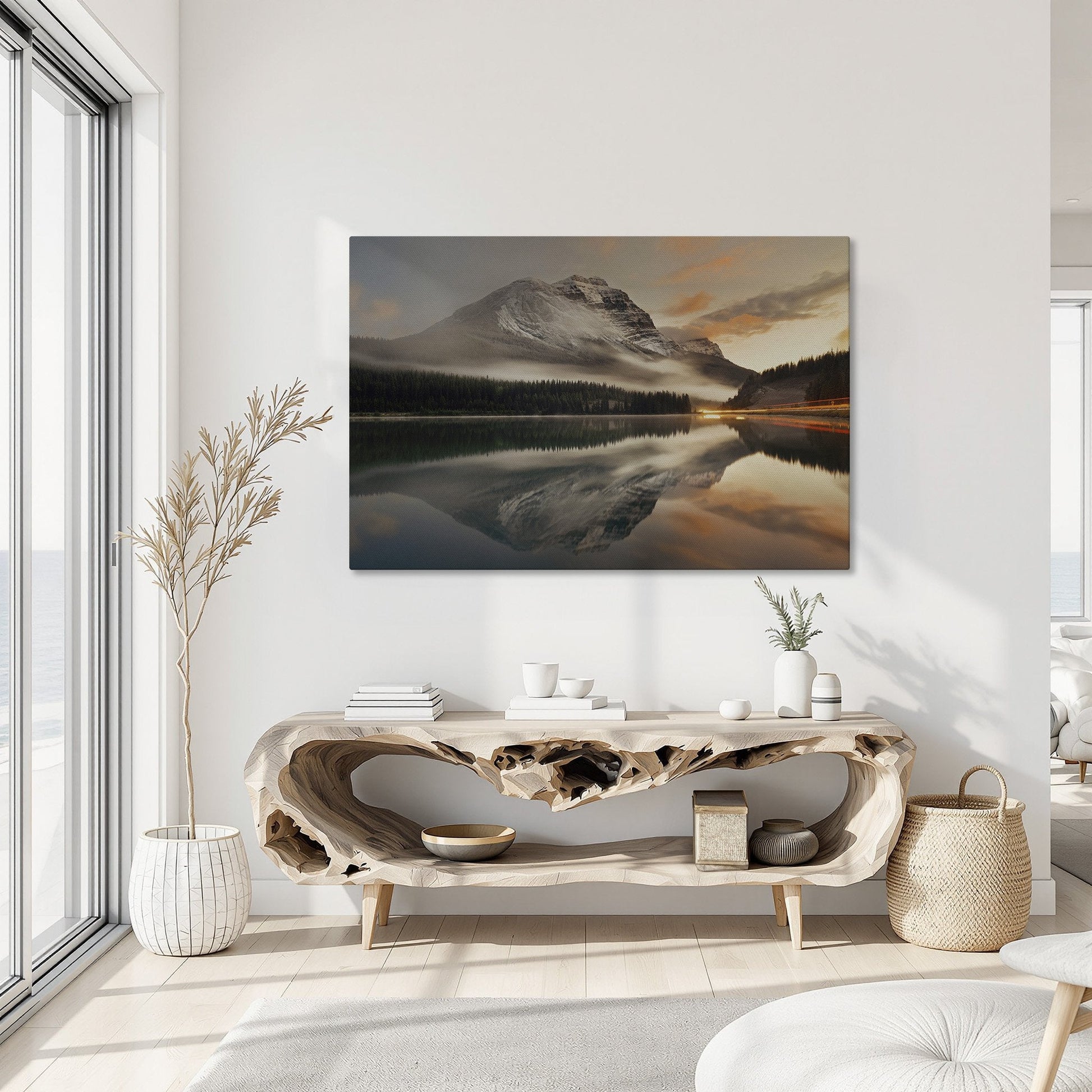 Mountain Lake and Fog at Sunset Canvas Print in Banff
